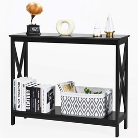 Giantex Console Table 2-Tier with Storage Shelf,X-Design Bookshelf Narrow Accent Table for Entryway Hallway Living Room Sofa Side Table (Black)