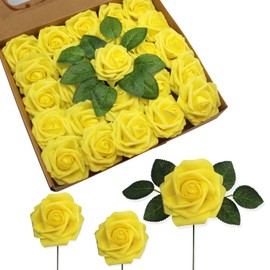 JOYLEX Artificial Flowers Realistic Roses, 50pcs Real Looking Fake Roses with Stem for DIY Wedding Bouquets Centerpieces Bridal Shower Party Home Romantic Decorations (Yellow)