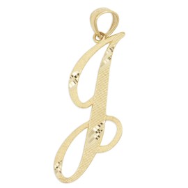 Ice on Fire Jewelry 14k Solid Real Gold Cursive Initial Pendant, English Alpahbet A-Z Letter Charm with Diamond Cut (J)