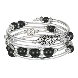 FULU AUTUMN Stackable Beaded Bracelets for Women Boho Wrap Silver Bracelet Layered Fashion Jewelry Gifts for Her(17-Black)