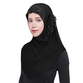 TINAYAUE Ice Silk Muslim Hijab for Women Girls Full Cover Turban Islamic Headscarf with Lace Flowers and Shining Drills Ladies Head Wrap Shawl Arab Long Scarf Solid Worship Hijab