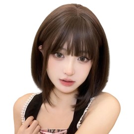 Sizuuenn Women's Full Wig, Short Bob, Bangs, Cold Brown Wig, Small Face, Fashion, Heat Resistant Wig, High Temperature Hair Yarn, Cosplay Wig, Dedicated Network, For Events, School Festivals, Cultural