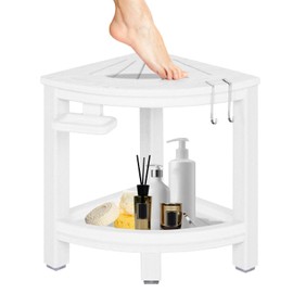 LOENIY 2-Tier Corner Shower Stool with Hooks & Soap Dish, HDPE Shower Bench for Shaving Legs, Wood-Like Shower Stool for Inside Shower with Non-Slip Foot Pads, Waterproof Shower Foot Rest (White)