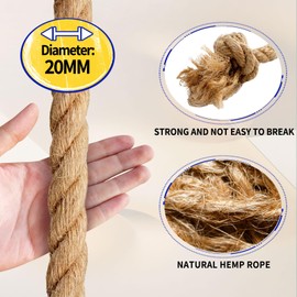 Jute Rope (3/4 in X 100 ft),Twisted Manila Rope,20mm Natural Thick Hemp Rope Heavy Duty Tug of War Ropes Thick Rope for Crafts Railing Gardening Bundling Hammocks Home Decorating