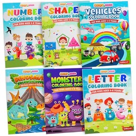 KiddieLoot Coloring Books for Kids Ages 4-8 - (Pack of 6) 8.5x11 Size Book w/Dinosaurs, Monsters, Vehicles, Alphabet, Numbers & Shapes - Kids Coloring Books Variety Set for Boys & Girls Color Gift