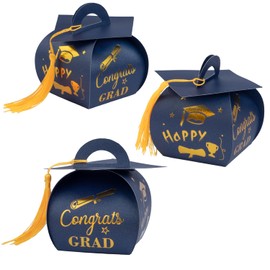 Voeveca 50 Pcs Graduation Cap Gift Box Graduation Party Favors Candy Boxes Treat Box with Tassel Table Centerpieces Class of 2025 Grad Decorations (Blue Gold)