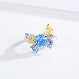 PRAYMOS Leaf Rings for Women 925 Sterling Silver Rings Blue Bow Rings Adjustable Thumb Rigs Dainty Ring Fashion Jewelry Size US7 8 9, Sterling Silver, Cubic Zirconia