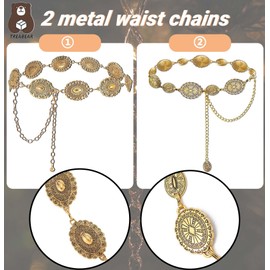 TREABEAR 2 x Concho Chain Belt, Gold Waist Chain Made of Metal, Chain Belt, Women's Belly Chain, Gold Pirate, Waist Belt, Women's Cowgirl Belt, Adjustable Golden Belt for Dresses