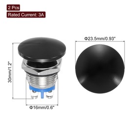 sourcing map 2PCS 3A 16MM 5/8" Momentary Mushroom Head Push Button Switch 12V 24V 120V 250V AC Black 1NO Waterproof IP65 SPST Domed Round 2 Screw Foot Switch
