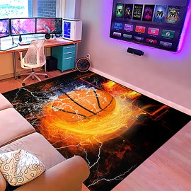Basketball Rug - Basketball Rug for Boys Bedroom - Sport Rugs - Black Basketball with Flame Printed Carpets Kids Rugs for Playroom Living Room Basketball Room Home Decor, 2'5''×4'