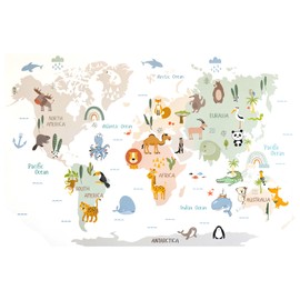 Mappa del Mondo Animali Adesivi Murali, Animal World Map Wall Stickers, Mappa del mondo e Animali Stickers Murali Bambini, Adesivo da Parete con mappa del Mondo Degli animali per Camerette Bambini