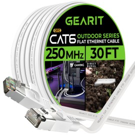 GearIT Cat 6 - Cable Ethernet plano para exteriores (30 pies, blanco) con clasificación de entierro directo LLDPE - Red de computadora para juegos RJ45 sin enganches para Internet Cat6 blindado FTP de