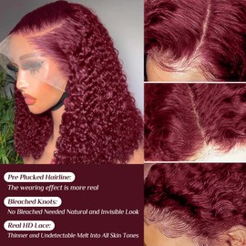 Jessica Hair 99J Burgundy Short Curly Bob Lace Front Wigs Human Hair 13x4 180% Density HD Lace Frontal Wigs Curly Wigs for Women Red Deep Wigs Pre Plucked with Baby Hair(12 inch)