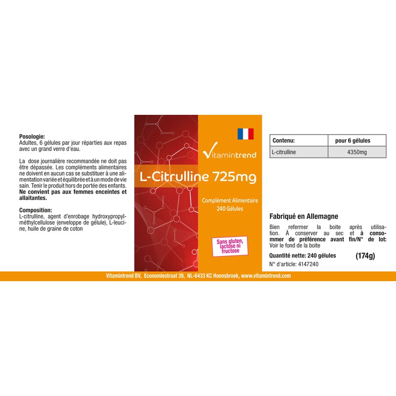 L-Citrulline 725 mg – 240 Capsules – Vegan – High