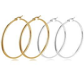 Uni-Fine 2 Pack Big Hoop Earrings, Stainless Steel Big Hoop Earrings Silver Gold Hypoallergenic Earrings Big Earrings for Women Girls Gift (70MM)