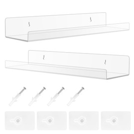 Trukafie Wall Shelf, 2-Piece Wall Shelf, No Drilling, Acrylic Floating Shelf, No Drilling Required, for Bathroom, Living Room and Bedroom, Spice Rack, Bookcase, Industrial Decoration, Photo Frame