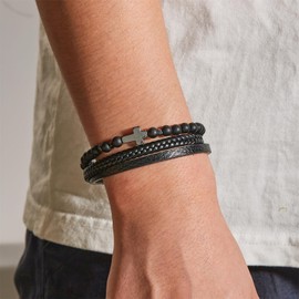 ALRNBY Cross Bracelet for Men Non Tarnish Beaded Anxiety Bracelet Natural Tiger Eye Obsidian Stone Stainless Steel Cross Bracelet Black Braided Leather Trendy Christian Gift(Style2)