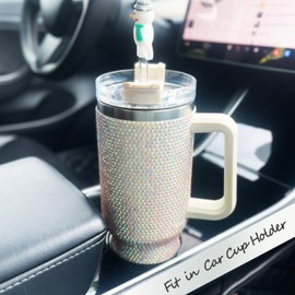 Cupcupmore 40oz White Bling Rhinestone Stainless Steel Sippy Tumbler Glitter Vacuum Insulated Water Bottle with Straw & Lid &Handle,Thermos for Hot & Cold Drinks,Sparkle Car Cup Holder,Coffee