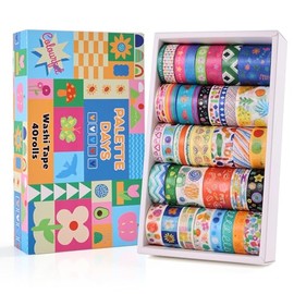 emmoolife Juego de 40 rollos de cinta washi, cinta adhesiva decorativa con temática de paleta de colores vibrantes para álbumes de recortes, diario íntimo, suministros para manualidades, arte para