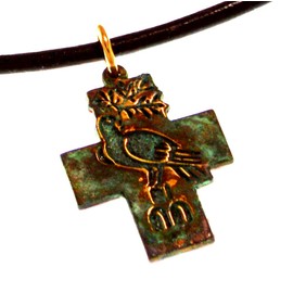 Elaine Coyne Collectible Artwear Patina Brass Peace Dove Cross Pendant on Rawhide