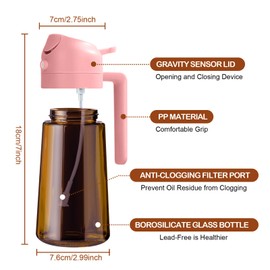 YARRAMATE 16oz/470ml Dark Brown Oil Sprayer for Cooking with Stickers, Food-grade Premium 2 in 1 Olive Oil Dispenser Bottle for Kitchen Gadgets, Air Fryer, Salad, Frying, BBQ (Pink)