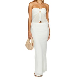 Women Y2K 2 Piece Maxi Skirt Set Strapless Crop Tube Top Ruffle Mesh Skirts Outfit Lace Trim Beach Outfit