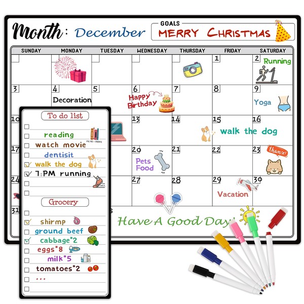 Magnetic Dry Erase Refrigerator Calendar with Markers - 15" x