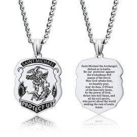 LAOYOU Archangel Michael Necklace Stainless Steel Saint Michael Necklace Medal for Men Women Protection Amulet St. Michael Pendant Blessed Catholic Religious medallion Jewelry Gifts Silver Badge
