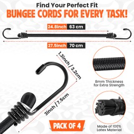 Bungee Cords with Hook 70cm Pack of 4 Heavy Duty Weatherproof & UV-Resistant Elastic Bungee Straps – Ideal for Securing Luggage, Camps, Tarps, Garden Furniture, Wheelie Bin Lid Covers