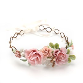 PoshMyra Flower Girl Flower Crown Pink Baby Girls Floral Headpieces Kids Headband Children Hair Wreath Photo Prop (Blush pink-Child Size)