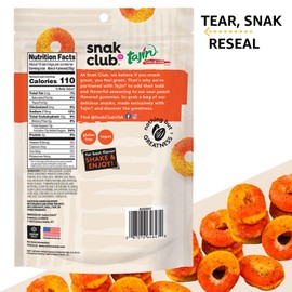 Snak Club Peach Rings, Tajin Chili & Lime Seasoned, Sweet and Spicy Gummy Candy, Mild in Heat Bold in Flavor, Low-Fat, Vegan, Gluten-Free Snack, Family Size, 11 Ounce
