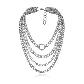 Punk Layered Link Chain Choker Necklace Crystal Circle Pendant Necklace Chunky Boho Jewelry for Women and Girls (Silver, One size)