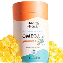 Health Hack Omega 3 Fish & Salmon Oil en Gomitas para Adultos | 180 Gummies para 3 meses | 1000mg por porción | Suplemento Aceite de Salmón 500mg DHA 200mg EPA | Sin: Azúcar, GMO, Colorantes Artif.