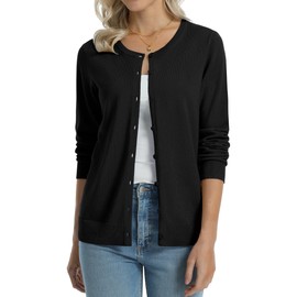QUALFORT Women's 100% Cotton Cardigans Soft Lightweight Long Sleeve Knitted Crewneck Button Down Sweater Black Small
