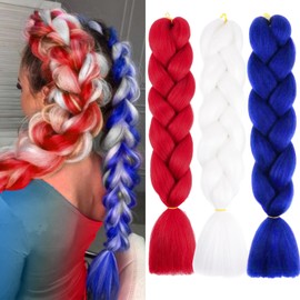 Jumbo Braiding Hair Extensions 24 Inch Colored Long Braids Hair Pre Stretched High Temperature Synthetic Fiber Twist Crochet Ombre Jumbo Braiding for Women Girls (Red White Dark Blue)