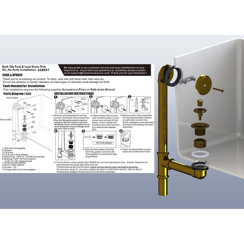 Artiwell Push & Lock Tub Trim Set with Single-Hole Overflow