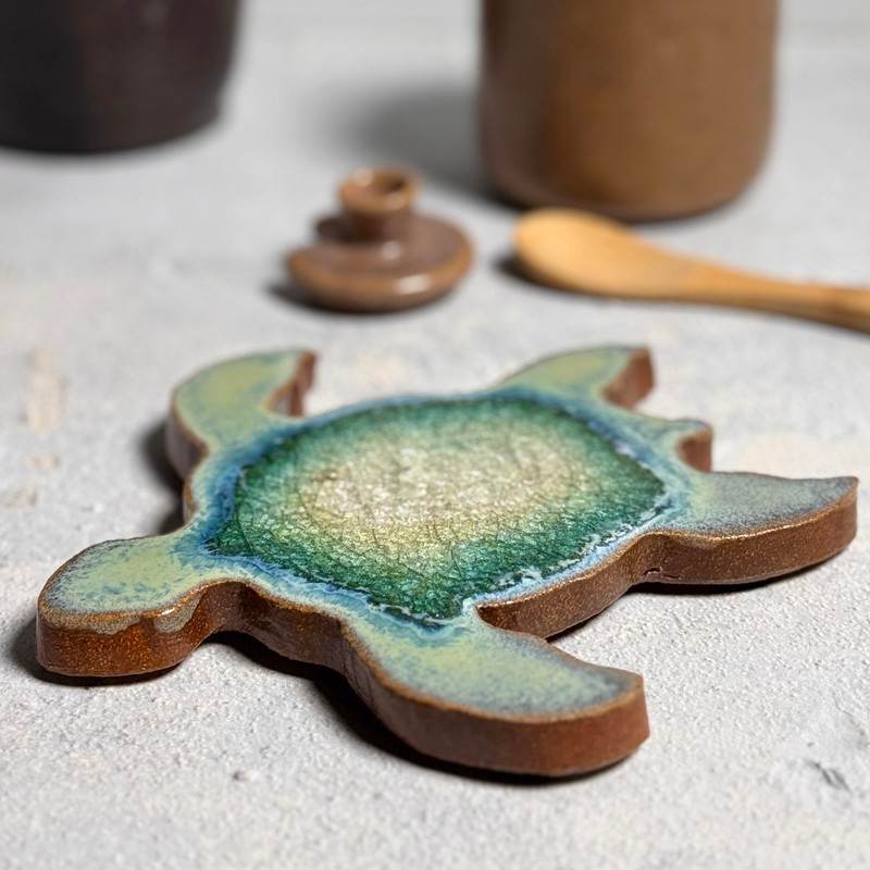 Dock 6 Pottery Sea Turtle Coaster with Fused Glass, Textured