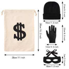 Peirich Robber Costume Set, Black & White Striped T-Shirt Socks, Tutu Skirt, Canvas Dollar Sign Money Bags, Knit Beanie Cap, Burglar Eye Mask for Cosplay Burglar Theme Party Fancy Dress Costume (XL)