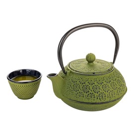 Tetsubin 30 oz Green Cast Iron Teapot - Cherry Blossom - 7 1/2" x 6 1/2" x 4 1/2" - 1 count box - Restaurantware