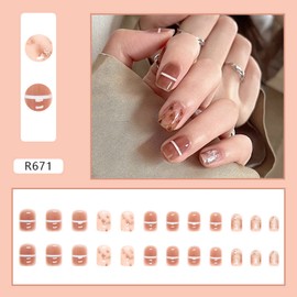 Stick on Nails Short Length Square Shape, 24Pcs Full Cover Reusable False Nails, Artificial Acrylic Fake Nails with Designs, Press on Nails Coffin Short, Glue on Fingernails for Women(R671)