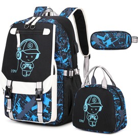 Bevalsa Backpack for Boys, Cool Luminous Backpacks with Lunch Box & Pen Case, School Bags for Kids, Bookbag for Children Teens for Elementary Middle School Student with USB Charging Port (Music)