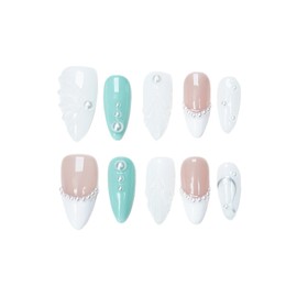 3D Pearl Press On Nails Medium Almond- Handmade Nude Base Mint Green with 3D Leaf Design -Gel Acrylic 10pcs Reusable (Forest Elves, Size M)