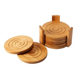Juvale Bamboo Coasters 6-Pack Set Wooden Coasters with Holder - Round Cup Coasters for Cold Drinks and Hot Beverage, Contemporary Design - Tan, 4.3 Inches