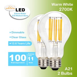 Vintage LED Edison Bulb 100W Equivalent 1500 Lumens, Dimmable 11W A21 LED Filament Light Bulbs, Warm White 2700K Antique Style Lighting, E26 Medium Screw Base,Pack of 2