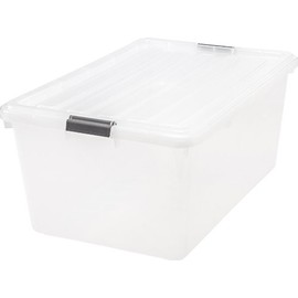 IRIS USA 68 Quart Large Storage Bin Utility Tote Organizing Container Box with Buckle Down Lid for Clothes Storage, 1 Pack, Clear (100101)