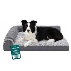 FurHaven Orthopedic Dog Bed for Large Dogs, L-Shaped Chaise Contour Mattress with Egg Crate Orthopedic Memory Foam for Joint Support, Removable Washable Cover, Large, Faux Fur & Suede, Stone Gray