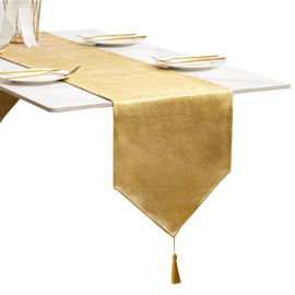 BALCONY & FALCON Table Runner with Tassels Machine Washable Luxury Home Decorative Dresser Scarves for Dining Party Banquets Wedding Birthday 14 x 95 inch, Gold