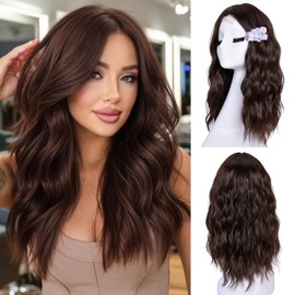 CURLCRAZY Short Wavy Wigs for Women Brown Bob Wave Wig Natural Looking Synthetic Middle Part Lace Front Hair for Everyday Hairstyle 18Inch
