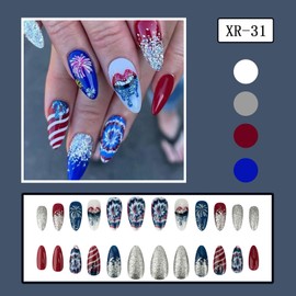TBRZTR Independence Day Press on Nails Medium Almond Fireworks Lips Pattern Design 4th July False Nail Glitter Powder Stripes Patriotic Acrylic Fingernails Artificial Glue on Nails for Women 24Pcs