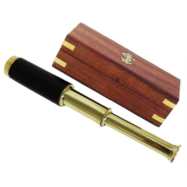 9.5" Handheld Brass Telescope with Anchor Wooden Box - Pirate Collection